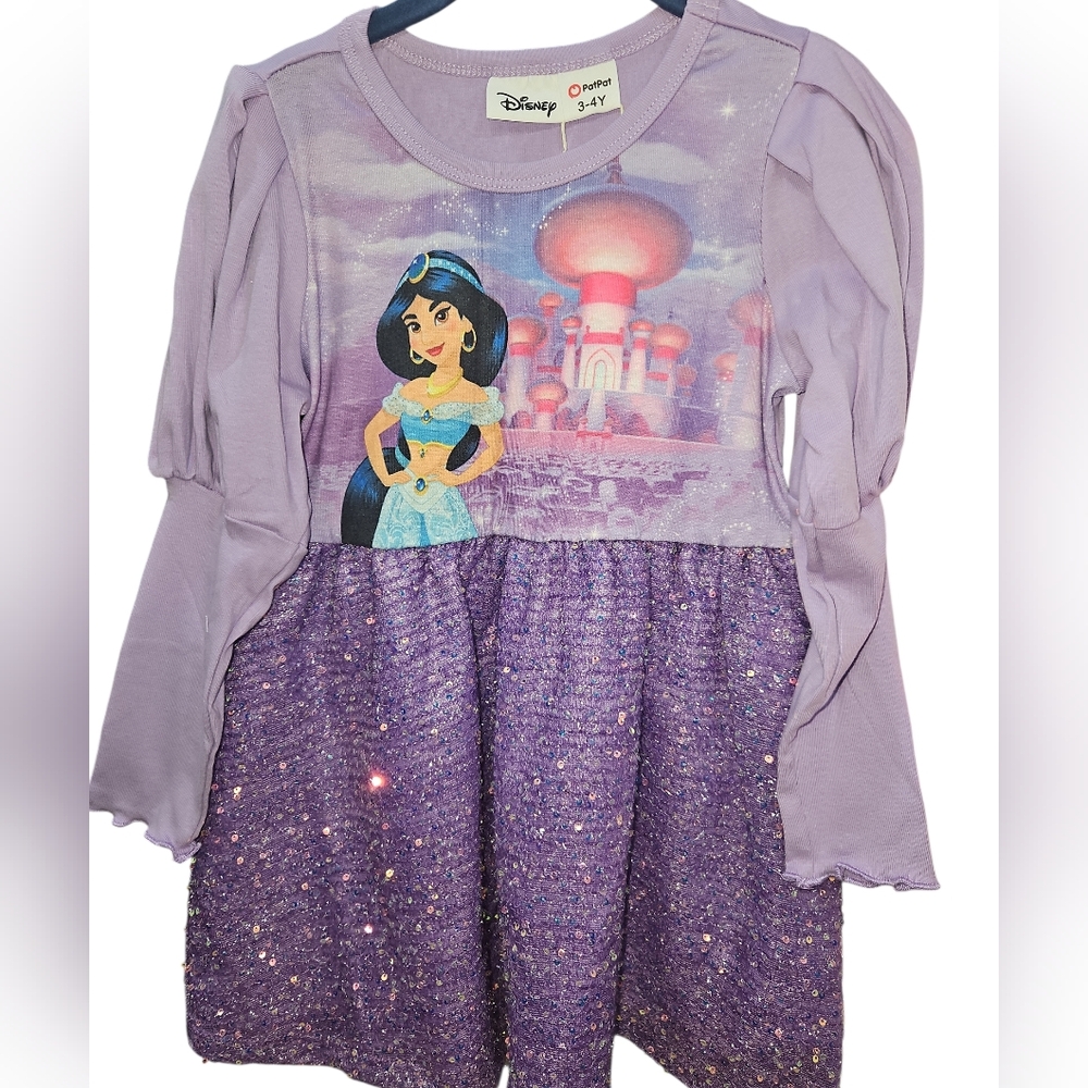 Disney Princess Jasmine Girls Dress Purple Sequin Skirt Long Sleeve Size 3-4Y